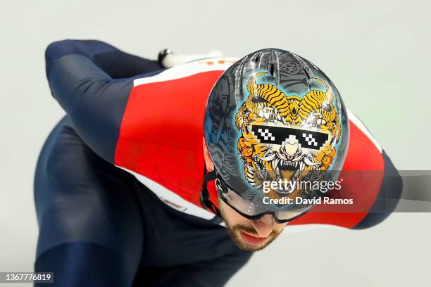 Itzhak De Laat of Team Netherlands trains during a Short Track Speed Skating official training session ahead of the Winter Olympics at the Capital...