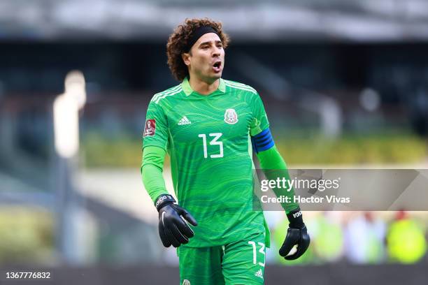 Guillermo Ochoa of Mexico gestures during the match between Mexico and Costa Rica as part of the Concacaf 2022 FIFA World Cup Qualifier at Azteca...