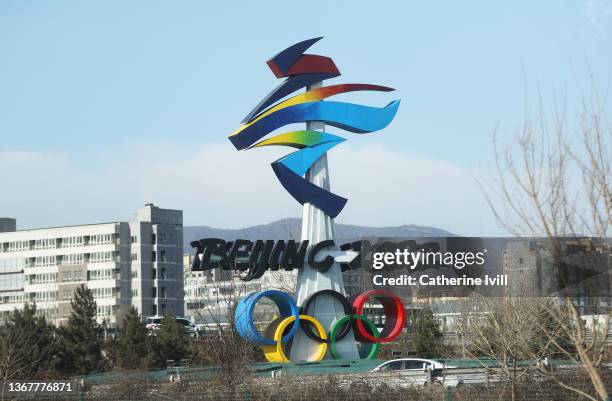 Beijing 2022 logo is seen ahead of the Beijing 2022 Winter Olympic Games in Beijing city on January 31, 2022 in Beijing, China.