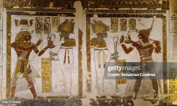 valley of the kings,west wall mural, tomb of tutankhamun, kv62, valley of the kings, unesco world heritage site, luxor, thebes, egypt, north africa, africa - ancient egypt stock pictures, royalty-free photos & images