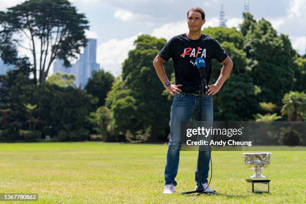 Rafael Nadal of Spain speaks to media after winning last night's 2022 Australian Open Men's Singles Final, at Government House on January 31, 2022 in...