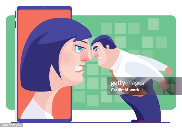 businessman and woman arguing via smartphone - instagram husband stock illustrations