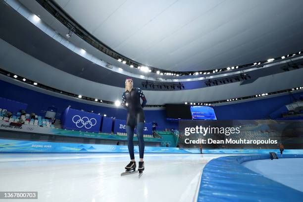 Mia Kilburg of Team United States skates during a speed skating practice session ahead of the Beijing 2022 Winter Olympic Games at National Speed...