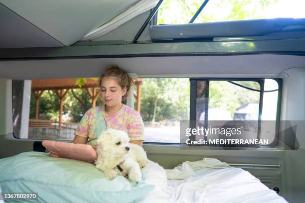 teenager blond girl enjoying tablet with her pet dog in a camper van indoor - girl in car with ipad stock pictures, royalty-free photos & images