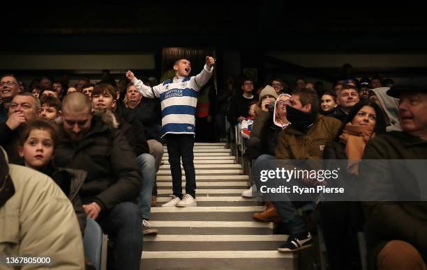 Young QPR fan sings during the Sky Bet Championship match between Queens Park Rangers and Reading at The Kiyan Prince Foundation Stadium on January...