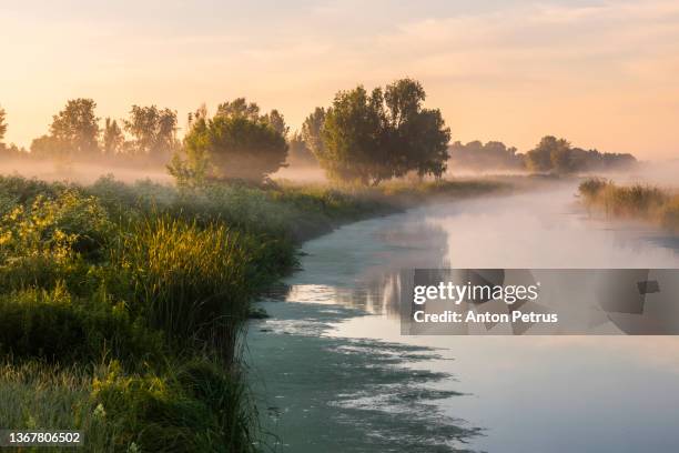 beautiful misty dawn in the spring on the river - ukraine landscape stock-fotos und bilder