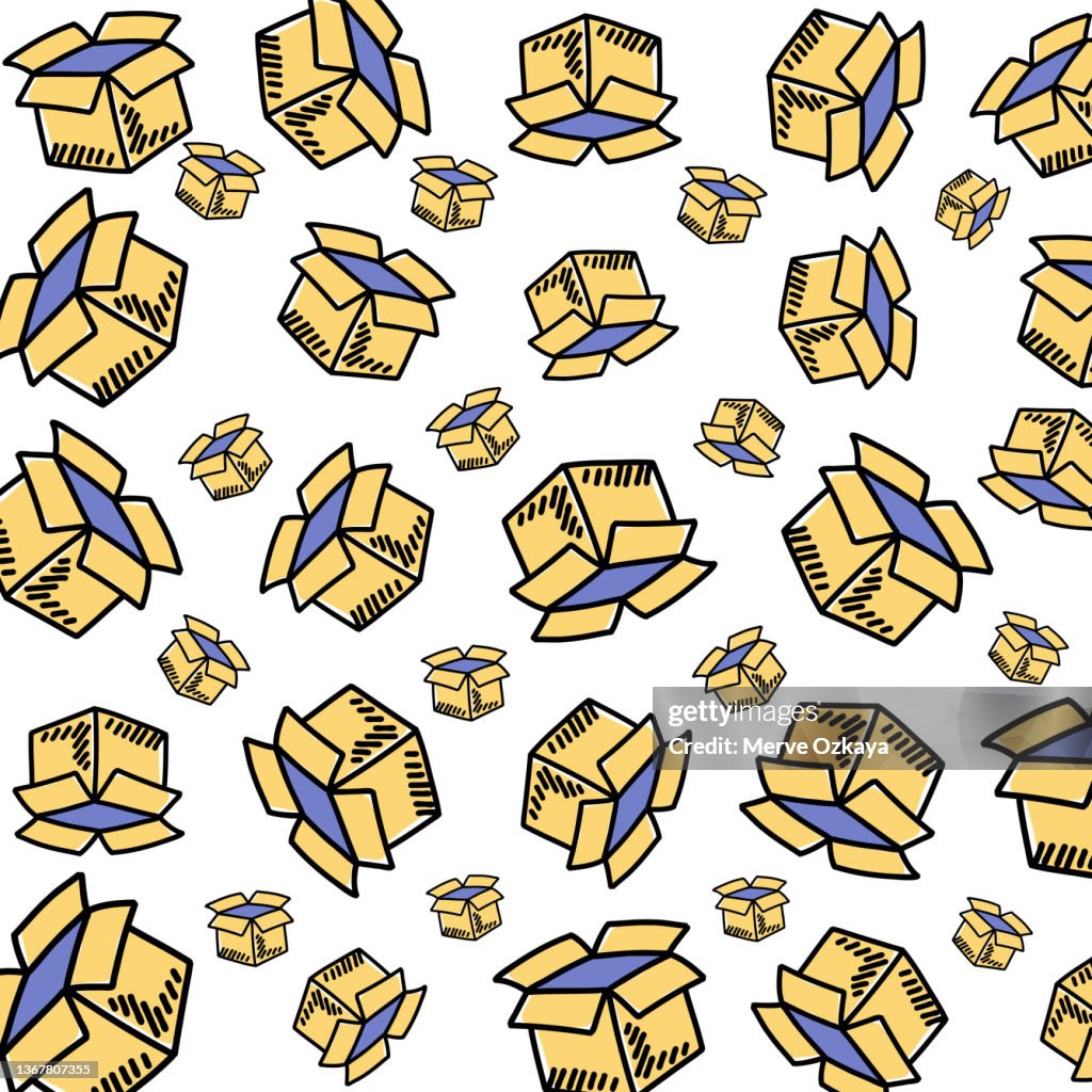 Carton Box Pattern Design Hand Drawn Cardboard Boxes Seamless Pattern High-Res Vector Graphic ...