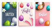 Easter season vector poster set. Happy easter greeting text with 3d colorful egg prints and pattern for holiday seasonal card collection design.