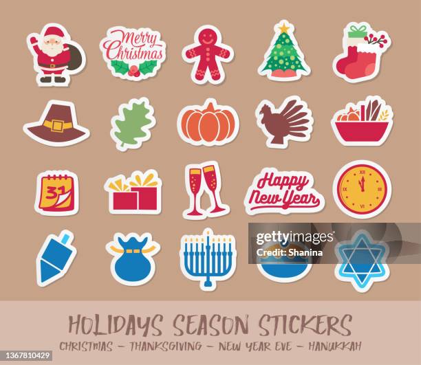 holidays season stickers collection - christmas hanukkah stock illustrations