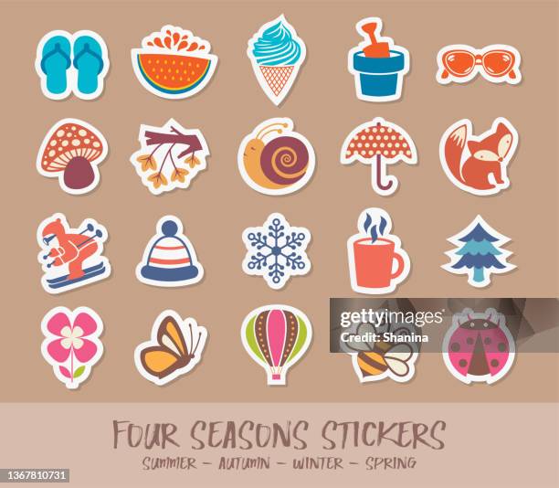 four seasons stickers kollektion - jahreszeiten stock-grafiken, -clipart, -cartoons und -symbole
