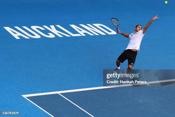 Nicolas Almagro of Spain serves against Philipp Kohlschreiber of Germany during day four of the 2012 Heineken Open at ASB Tennis Centre on January...