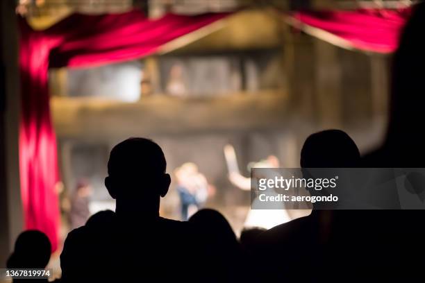 rear view of silhouette people at music concert - theater stock-fotos und bilder