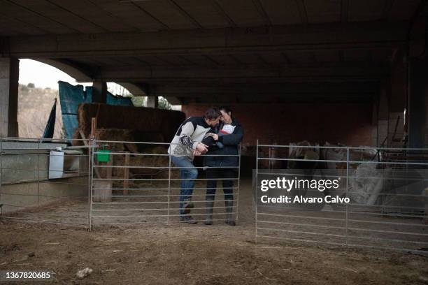Irene Gracia y Carlos Calvo con su respectiva hija, criadores de corderos ecológicos de Montearagón, en su establo, el 29 de enero de 2022 en...
