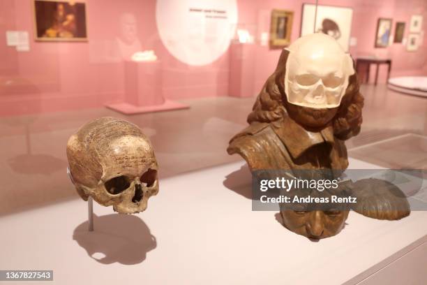 The skull of the philosopher Rene Descartes with inscription is pictured during the "The Brain" exhibition at Bundeskunsthalle on January 31, 2022 in...