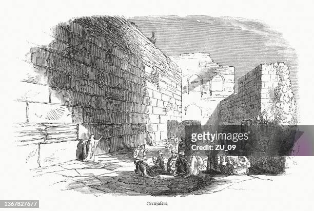 the western wall in jerusalem, israel, wood engraving, published 1862 - jerusalem archaeology stock illustrations