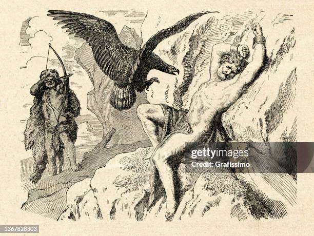 hercules liberating prometheus from an eagle drawing - prometheus stock illustrations