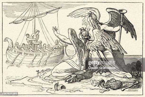 sirens singing to ulysses or odysseus men passing in ship - odysseus sirens stock illustrations