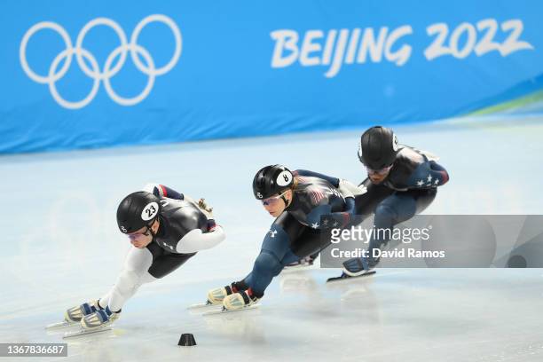 Ryan Pivirotto, Kristine Santos and Maame Biney of Team United States during a Short Track Speed Skating official training session ahead of the...