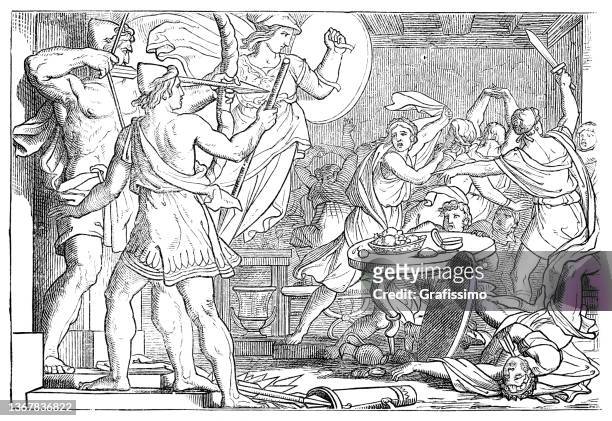 illustrations, cliparts, dessins animés et icônes de ulysse ou ulysse tuant antinuos avec un arc et une flèche - déesse grecque