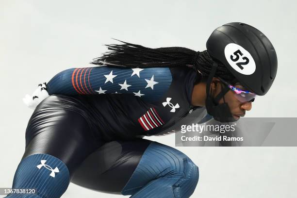 Maame Biney of Team United States train during a Short Track Speed Skating official training session ahead of the Winter Olympics at the Capital...