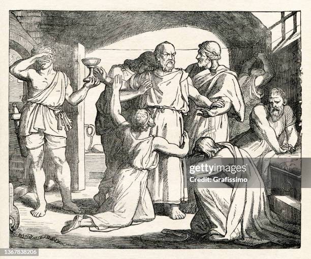 socrates drinking poison hemlock after sentenced to death - socrates philosopher stock illustrations