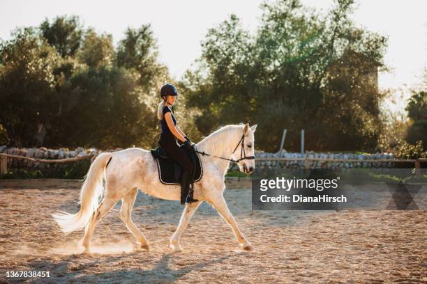 jovem loira montando seu cavalo em bela luz de fundo em um estábulo rústico ao ar livre em maiorca - sports training - fotografias e filmes do acervo