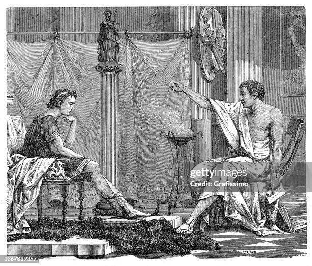 aristotle teaching alexander  the great drawing - philosophy stock illustrations