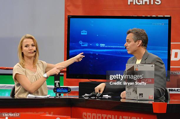 Sports reporter and host Michelle Beadle and sports radio personality Colin Cowherd broadcast "SportsNation" in 3D from the ESPN 3D section at The...