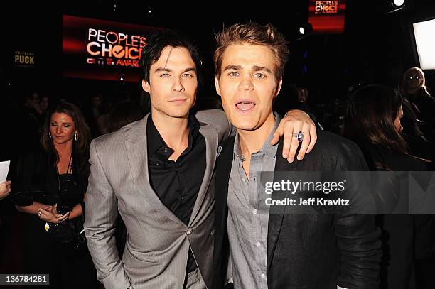 Actors Ian Somerholder and Paul Wesley arrive at the 2012 People's Choice Awards at Nokia Theatre L.A. Live on January 11, 2012 in Los Angeles,...