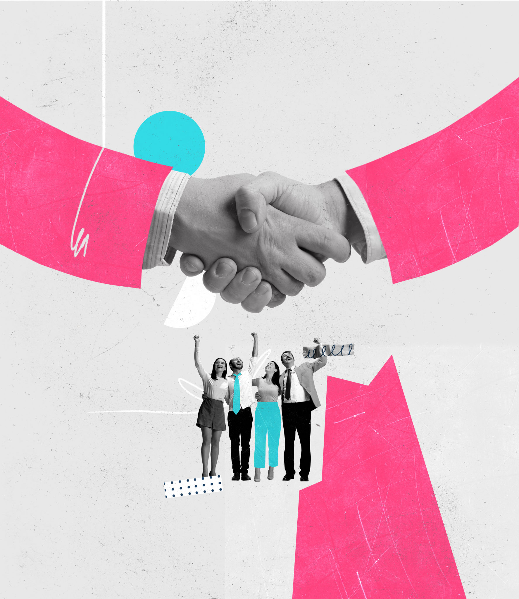 Contemporary art collage. Group of employees, business people celebrating successful deal Contemporary art collage. Group of employees, business people celebrating successful deal