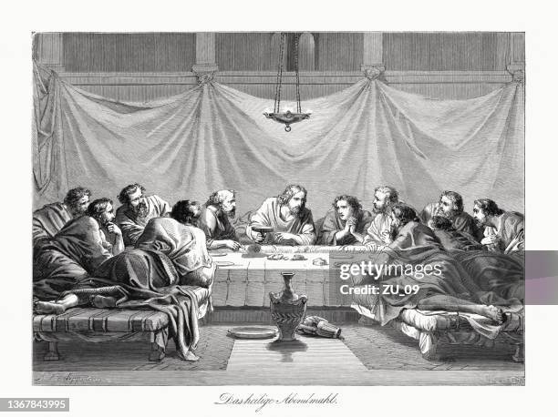the holy communion, wood engraving, published in 1862 - last supper stock illustrations
