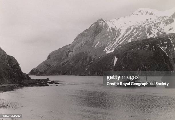 Boat in the harbour at Larsen, South Georgia, Shackleton-Rowett Antarctic Expedition 1921-1922 'Quest'.