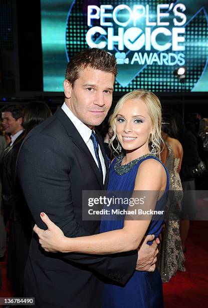 Actor David Boreanaz and wife Jaime Bergman arrive at the 2012 People's Choice Awards at Nokia Theatre L.A. Live on January 11, 2012 in Los Angeles,...