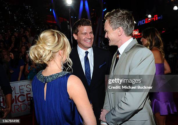 Jaime Bergman, actor David Boreanaz and actor Neil Patrick Harris arrive at the 2012 People's Choice Awards at Nokia Theatre L.A. Live on January 11,...