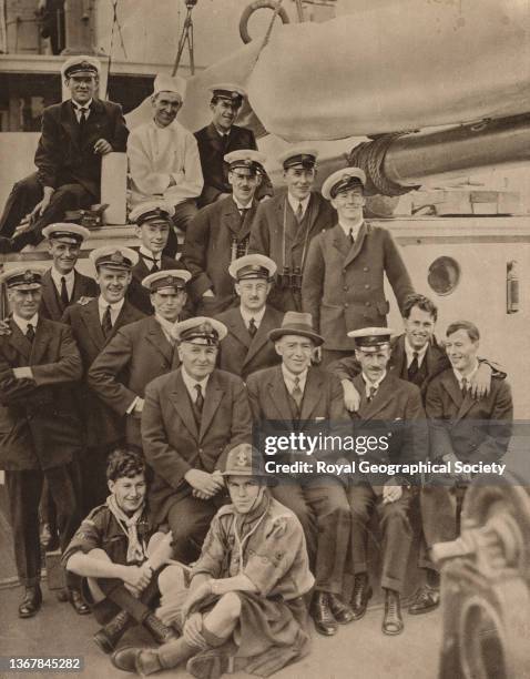 Sir Ernest Shackleton and the crew of the 'Quest' during the Shackleton-Rowett Antarctic Expedition 1921-1922 'Quest'.