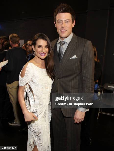 Actors Lea Michele and Cory Monteith pose backstage during the 2012 People's Choice Awards at Nokia Theatre L.A. Live on January 11, 2012 in Los...