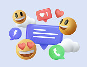 3D Social media platform, online social communication applications concept, emoji, hearts, chat on light blue background