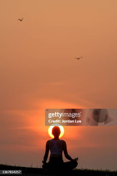 woman meditate with the sun - sunrise yoga foto e immagini stock