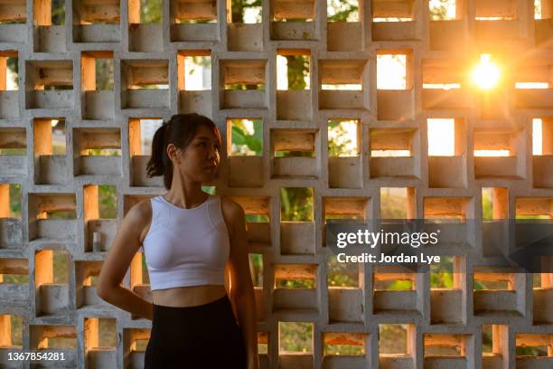 a woman watching a beam of sunlight from the rising sun shone in, and the brick walls became resplendent - curiosity abstract stock pictures, royalty-free photos & images