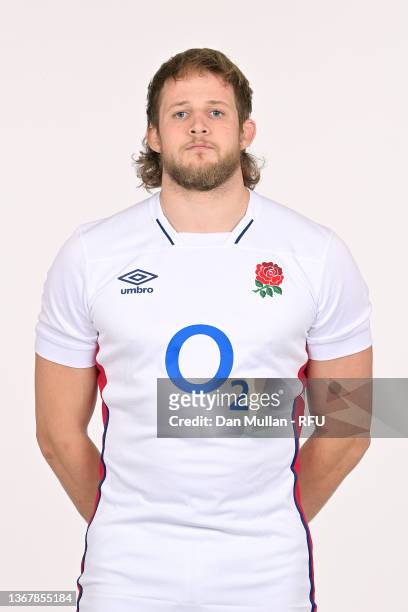 Jonny Hill of England poses for a portrait during the England Squad photocall at Pennyhill Park on January 30, 2022 in Bagshot, England.