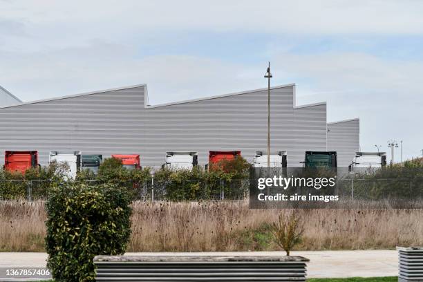 view of trucks parked in the back of a transport company during the day. colored heavy duty trucks parked in a row. - industrial district stock-fotos und bilder