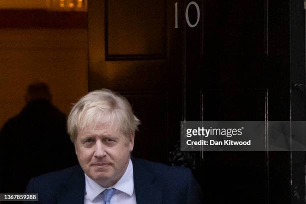Prime Minister Boris Johnson leaves 10 Downing Street to make a statement at Parliament on January 31, 2022 in London, England. No 10 has now...