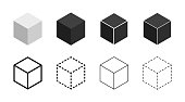 Cube 3d. Cubic icons. Set of isometric black, gray and outline cubes. Cubics in line style. Box symbols. Block design logos. Vector