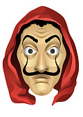 Hooded mustache mask. Scary man with mustache mask in red hood.