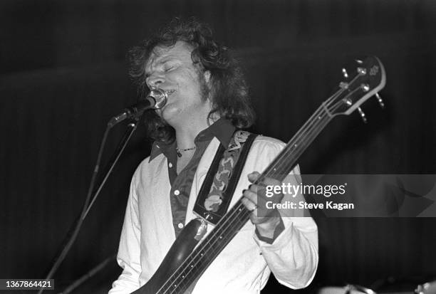 Scottish Blues and Rock musician Jack Bruce plays bass guitar as he performs onstage at the Park West club, Chicago, Illinois, November 1980.