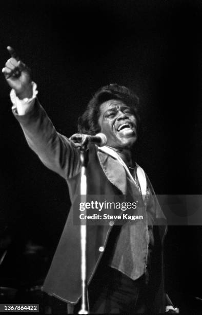 American Funk and Soul singer James Brown performs at the Park West club, Chicago, Illinois, August 1980.