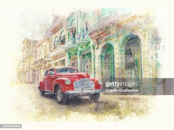 oldtimer classic vintage car in old havana cuba watercolour painting - havana art stock illustrations