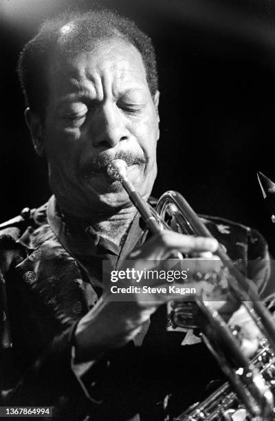 American Jazz musician Ornette Coleman plays trumpet as he performs onstage at the University of Illinois, Chicago, Illinois, May 1982.