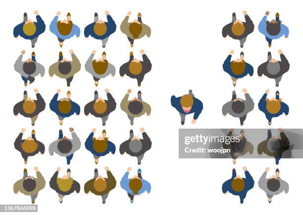 overhead view of unique business man going to opposite direction, standing out from the crowd, thinking differently - crossroad stock illustrations