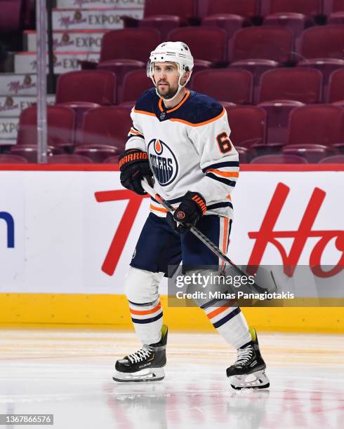 Kris Russell of the Edmonton Oilers skates against the Montreal Canadiens during the second period at Centre Bell on January 29, 2022 in Montreal,...